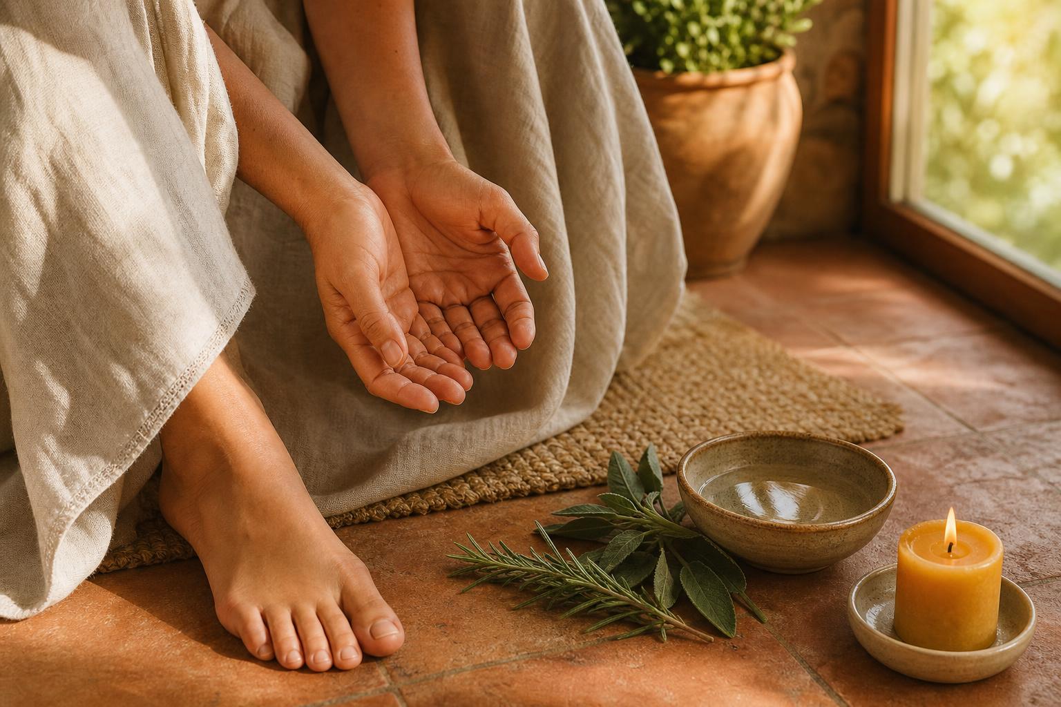 Soft hands cradling a bare foot in warm natural light, an Italian wellness reset ritual